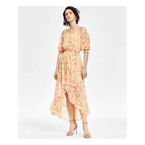 BAR III Womens Yellow Lined Tie Belt Pullover 3/4 Sleeve Maxi Hi-Lo Dress S